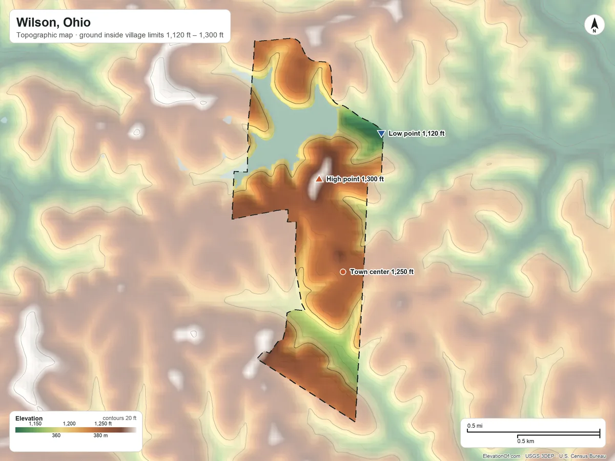 Topographic elevation map of Wilson, Ohio, shaded from 1,120 ft on the north side to 1,300 ft on the north side