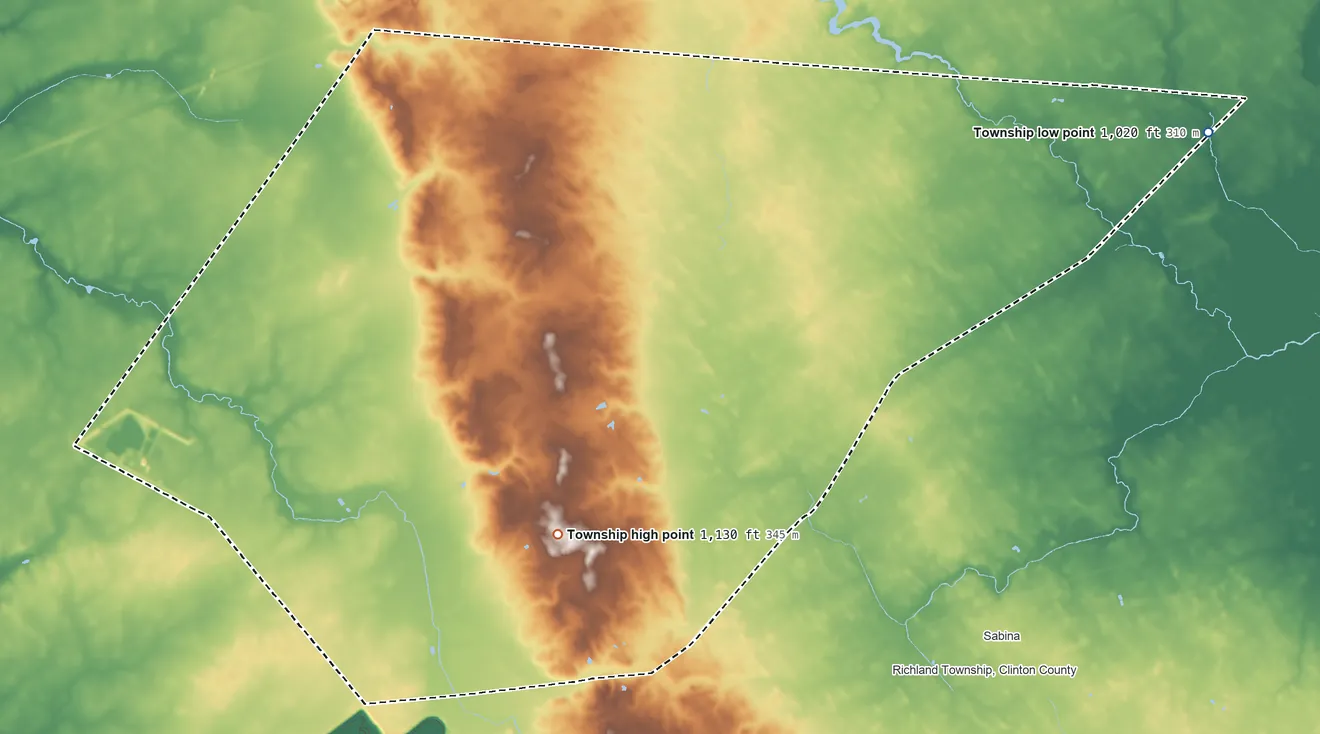 Topographic elevation map of Wilson Township, Ohio, shaded from 1,020 ft on the east side to 1,130 ft on the south side