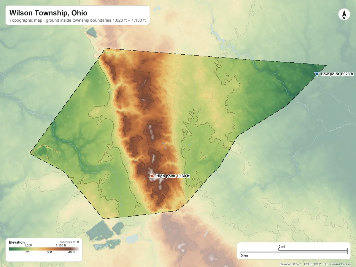 Topographic elevation map of Wilson Township, Ohio, shaded from 1,020 ft on the east side to 1,130 ft on the south side