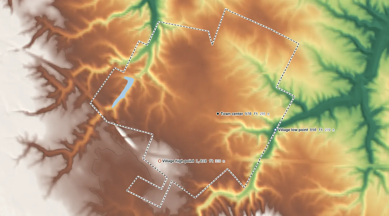 Topographic elevation map of Winchester, Ohio, shaded from 890 ft on the east side to 1,010 ft on the southwest side