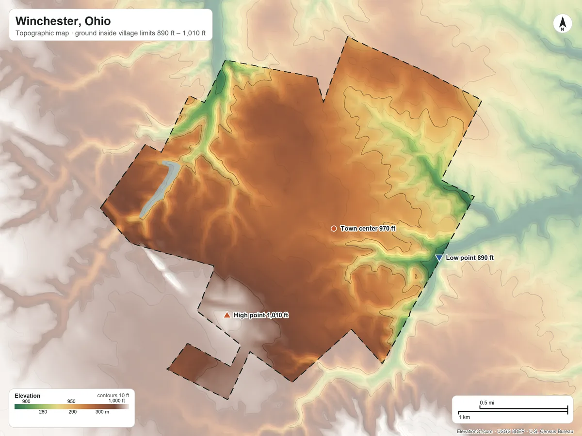 Topographic elevation map of Winchester, Ohio, shaded from 890 ft on the east side to 1,010 ft on the southwest side