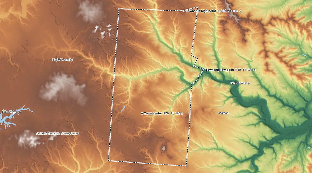 Topographic elevation map of Winchester Township, Ohio, shaded from 740 ft on the northeast side to 1,090 ft on the north side
