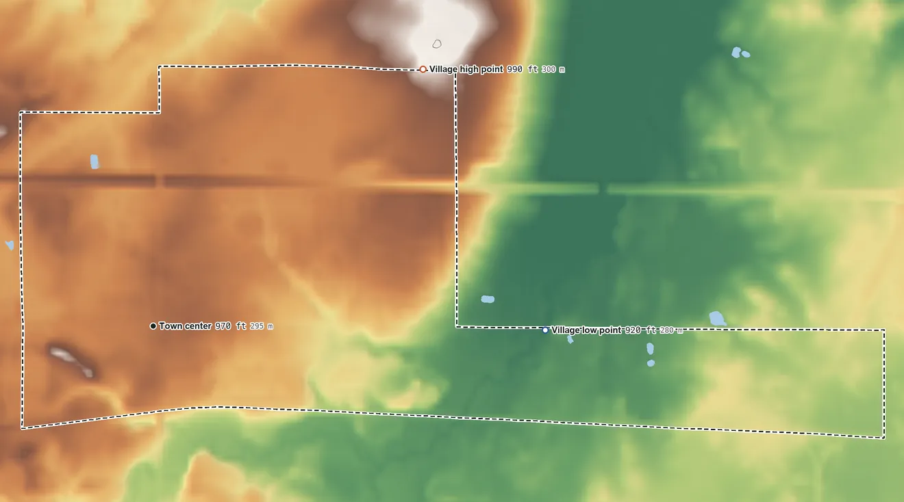 Topographic elevation map of Windham, Ohio, shaded from 920 ft on the east side to 990 ft on the northeast side