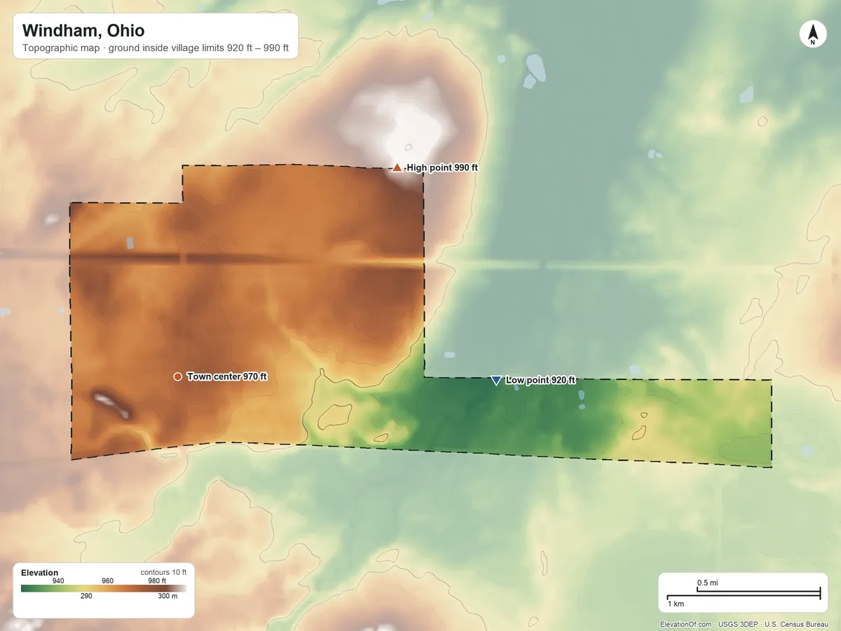 Topographic elevation map of Windham, Ohio, shaded from 920 ft on the east side to 990 ft on the northeast side