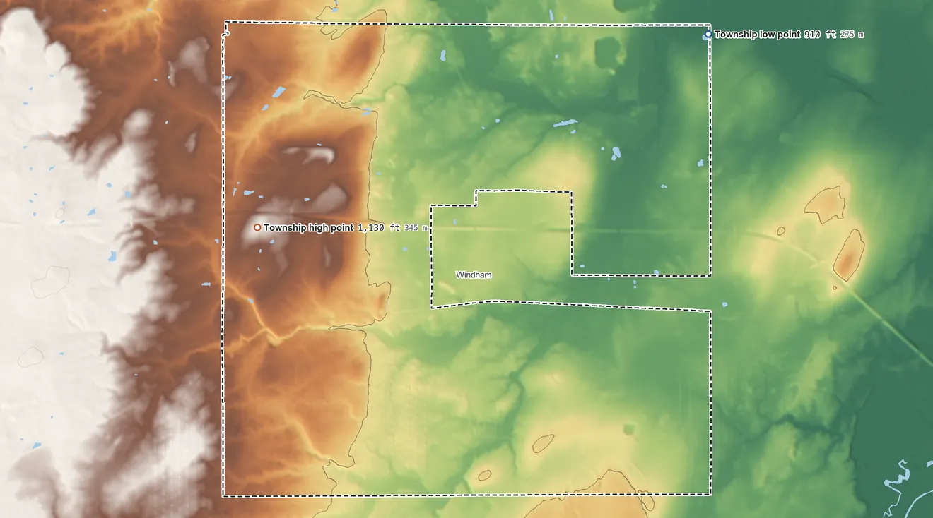 Topographic elevation map of Windham Township, Ohio, shaded from 910 ft on the east side to 1,130 ft on the southwest side