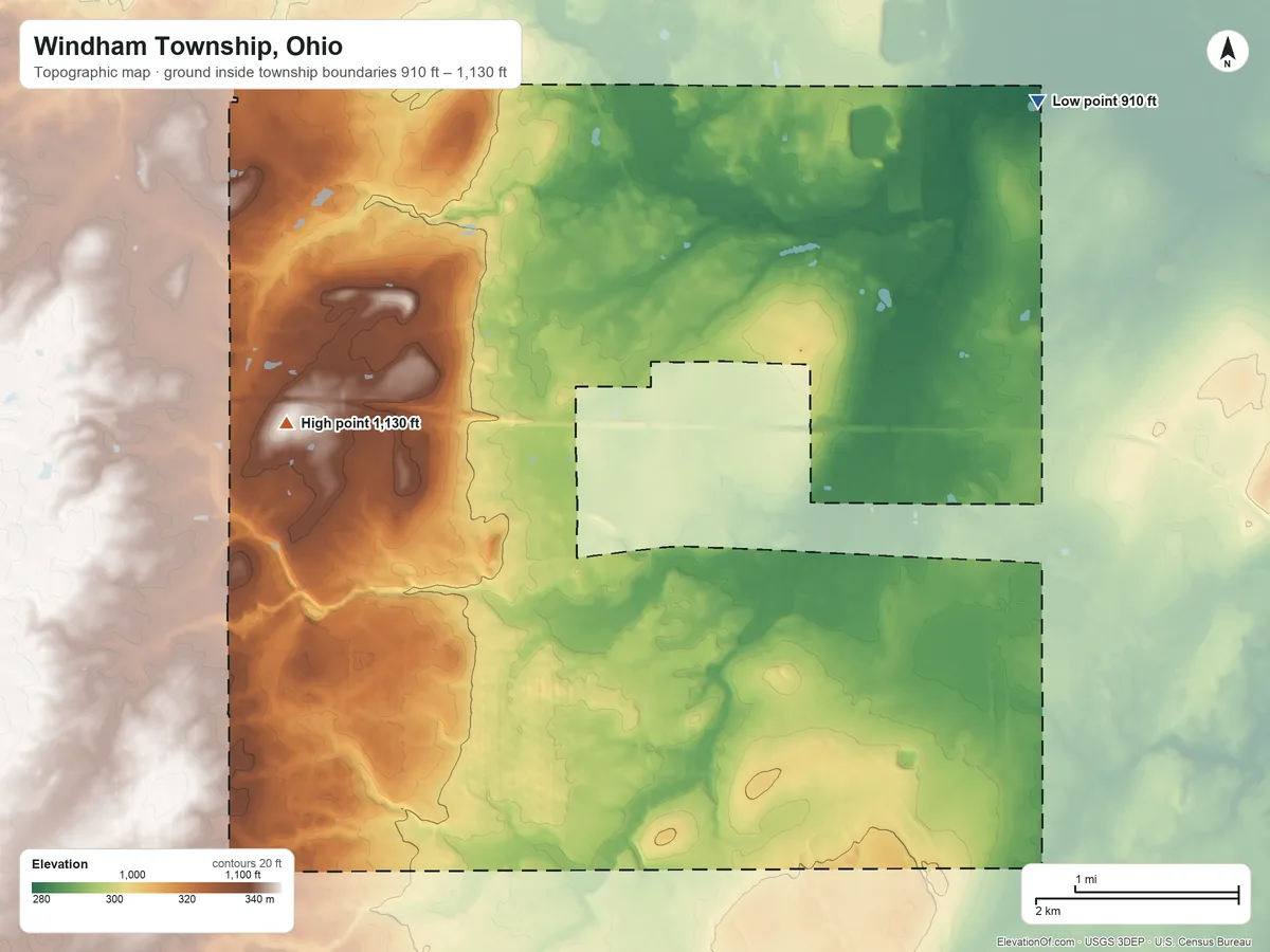 Topographic elevation map of Windham Township, Ohio, shaded from 910 ft on the east side to 1,130 ft on the southwest side