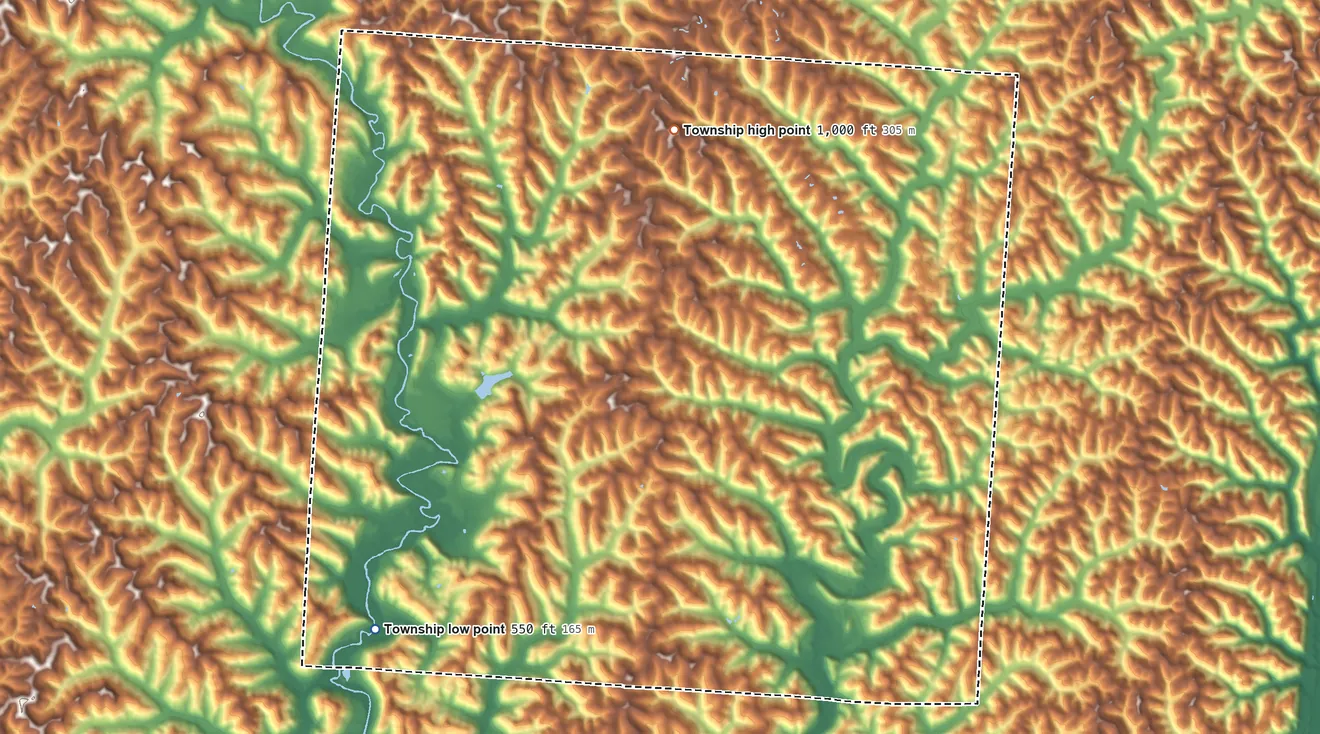 Topographic elevation map of Windsor Township, Lawrence County, Ohio, shaded from 550 ft on the southwest side to 1,000 ft on the north side