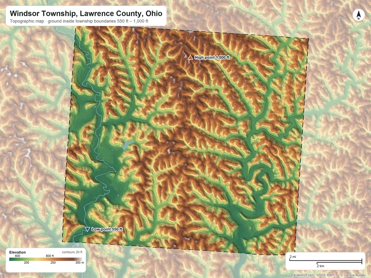 Topographic elevation map of Windsor Township, Lawrence County, Ohio, shaded from 550 ft on the southwest side to 1,000 ft on the north side