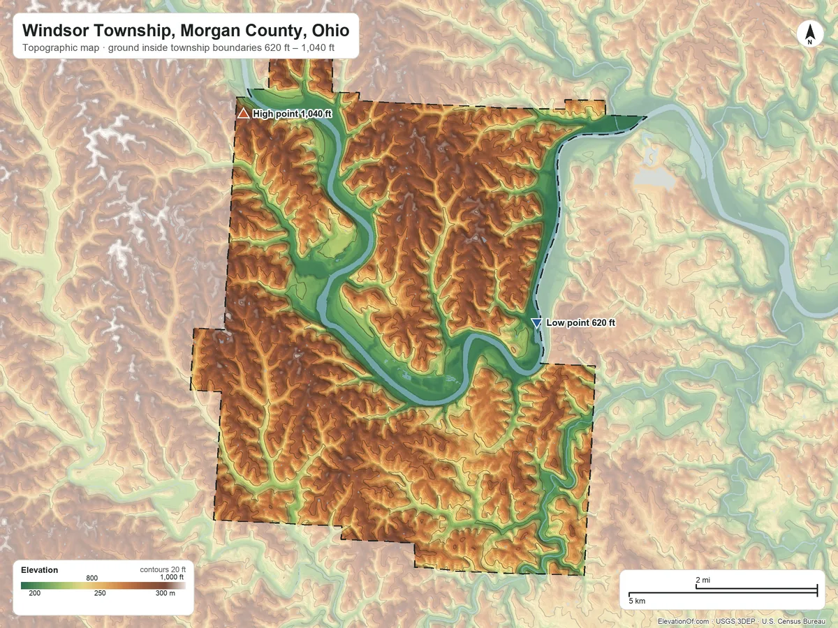 Topographic elevation map of Windsor Township, Morgan County, Ohio, shaded from 620 ft on the east side to 1,040 ft on the northwest side
