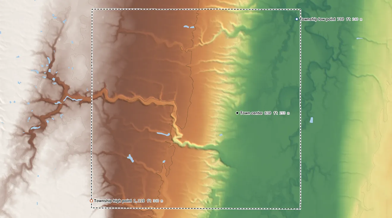 Topographic elevation map of Windsor Township, Ohio, shaded from 780 ft on the northeast side to 1,110 ft on the southwest side