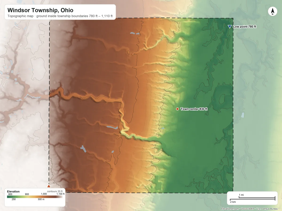 Topographic elevation map of Windsor Township, Ohio, shaded from 780 ft on the northeast side to 1,110 ft on the southwest side