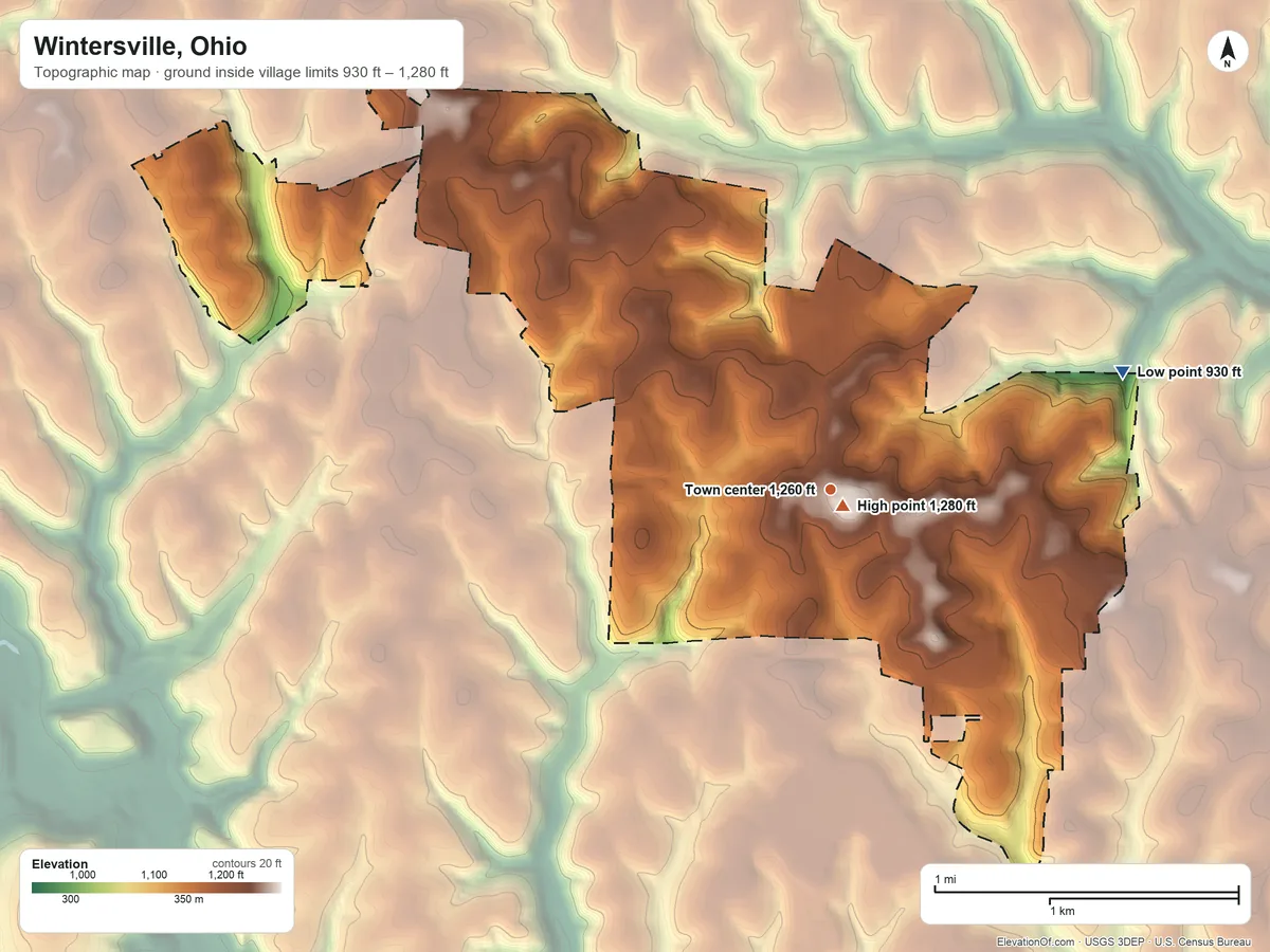 Topographic elevation map of Wintersville, Ohio, shaded from 930 ft on the east side to 1,280 ft near the middle