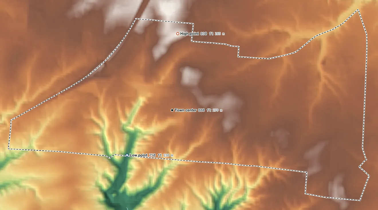 Topographic elevation map of Withamsville, Ohio, shaded from 750 ft on the southwest side to 930 ft on the north side
