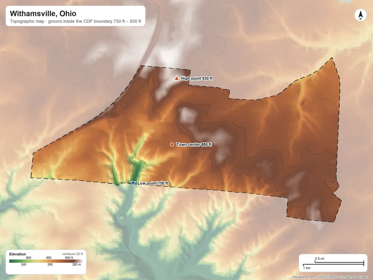 Topographic elevation map of Withamsville, Ohio, shaded from 750 ft on the southwest side to 930 ft on the north side