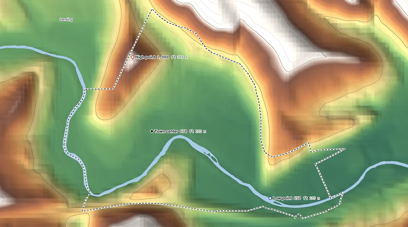 Topographic elevation map of Wolfhurst, Ohio, shaded from 650 ft on the southeast side to 1,000 ft on the north side