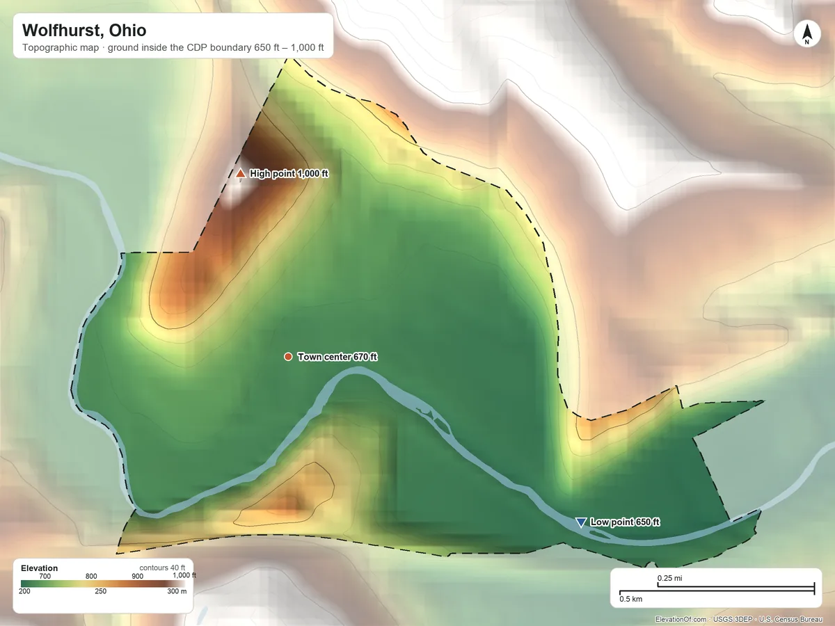Topographic elevation map of Wolfhurst, Ohio, shaded from 650 ft on the southeast side to 1,000 ft on the north side