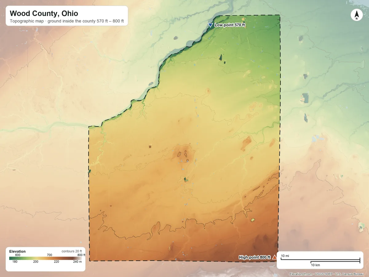 Topographic elevation map of Wood County, Ohio, shaded from 570 ft on the north side to 800 ft on the southeast side