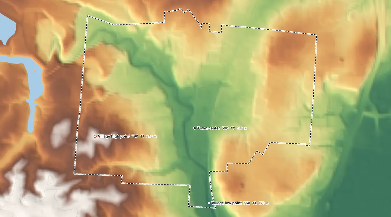 Topographic elevation map of Woodlawn, Ohio, shaded from 560 ft on the south side to 790 ft on the west side