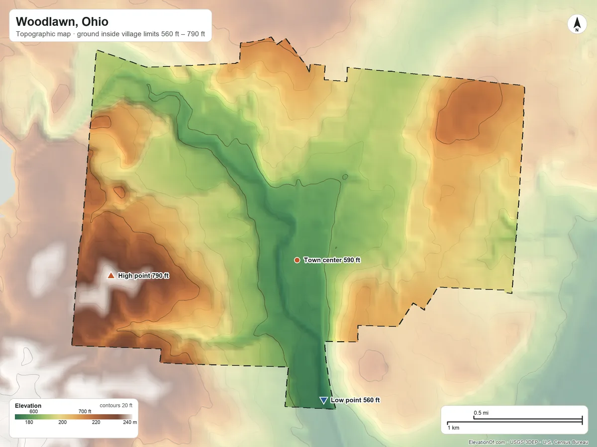 Topographic elevation map of Woodlawn, Ohio, shaded from 560 ft on the south side to 790 ft on the west side