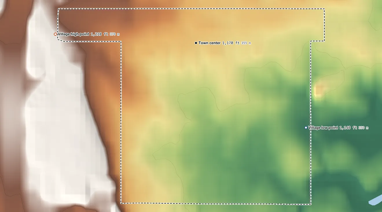 Topographic elevation map of Woodmere, Ohio, shaded from 1,140 ft on the southeast side to 1,210 ft on the west side