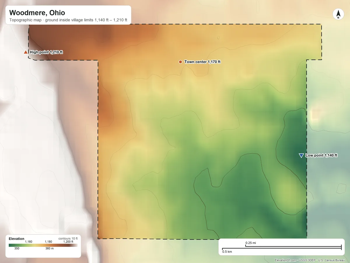 Topographic elevation map of Woodmere, Ohio, shaded from 1,140 ft on the southeast side to 1,210 ft on the west side