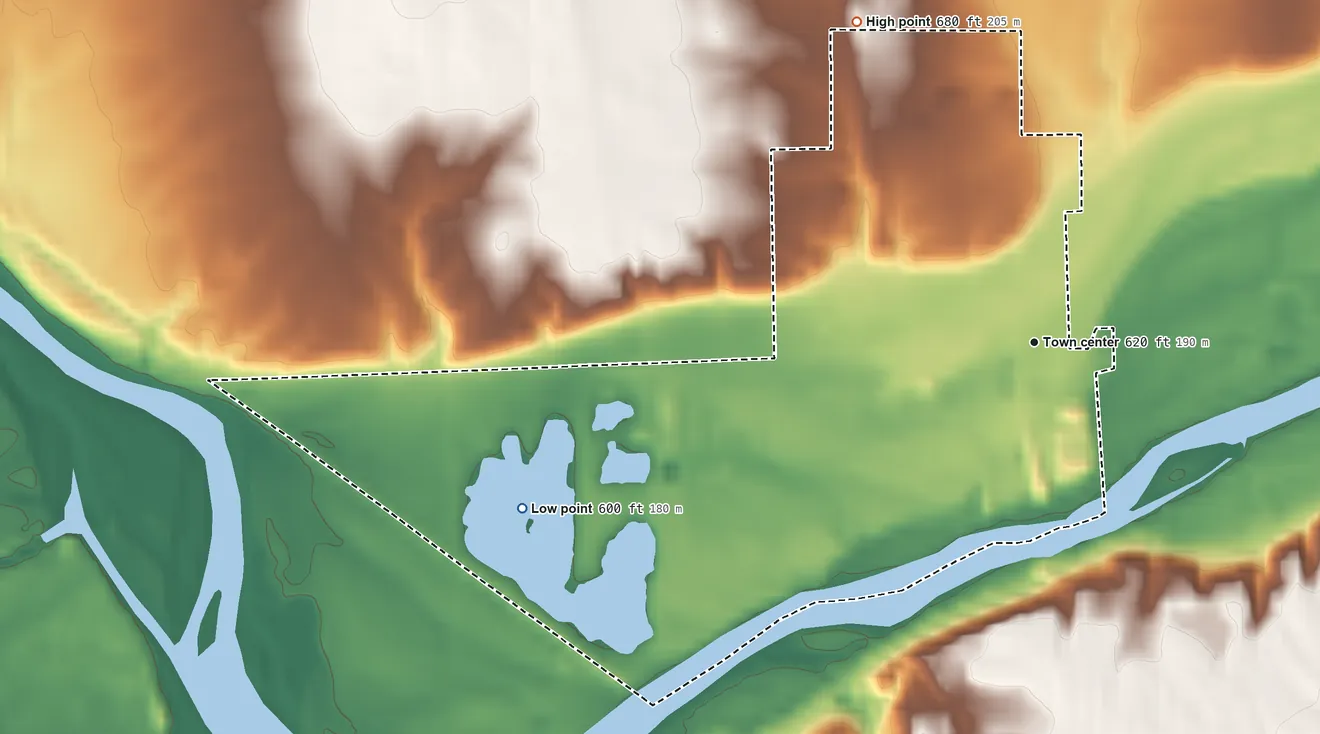 Topographic elevation map of Woodsdale, Ohio, shaded from 600 ft on the west side to 680 ft on the northwest side