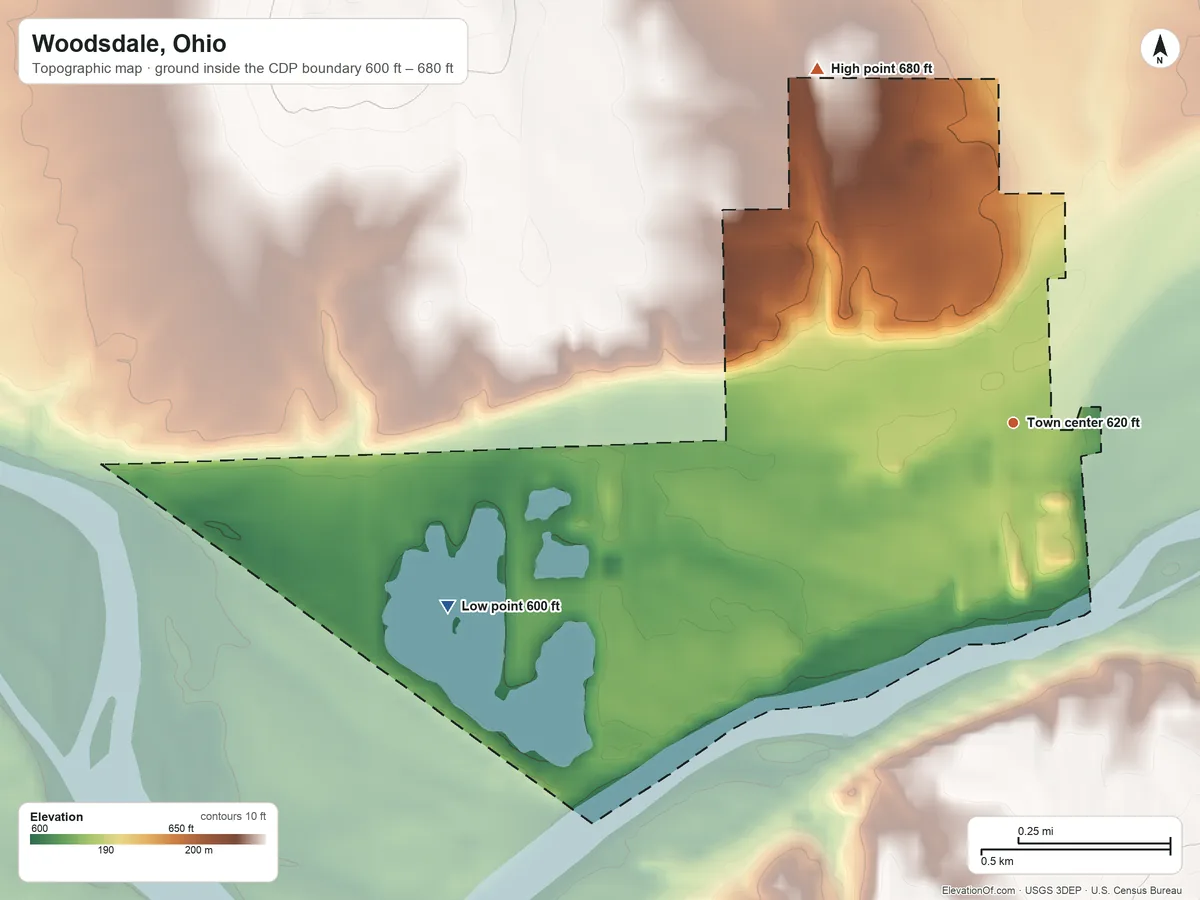 Topographic elevation map of Woodsdale, Ohio, shaded from 600 ft on the west side to 680 ft on the northwest side