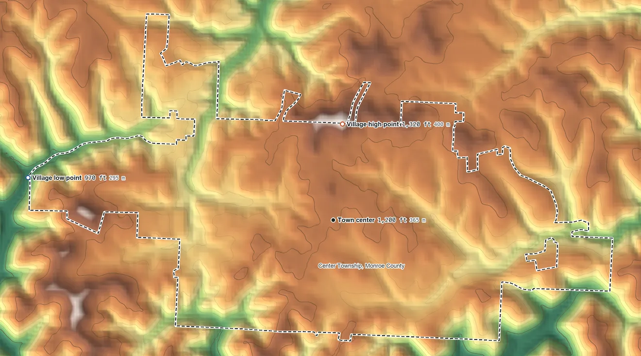 Topographic elevation map of Woodsfield, Ohio, shaded from 970 ft on the west side to 1,320 ft on the north side