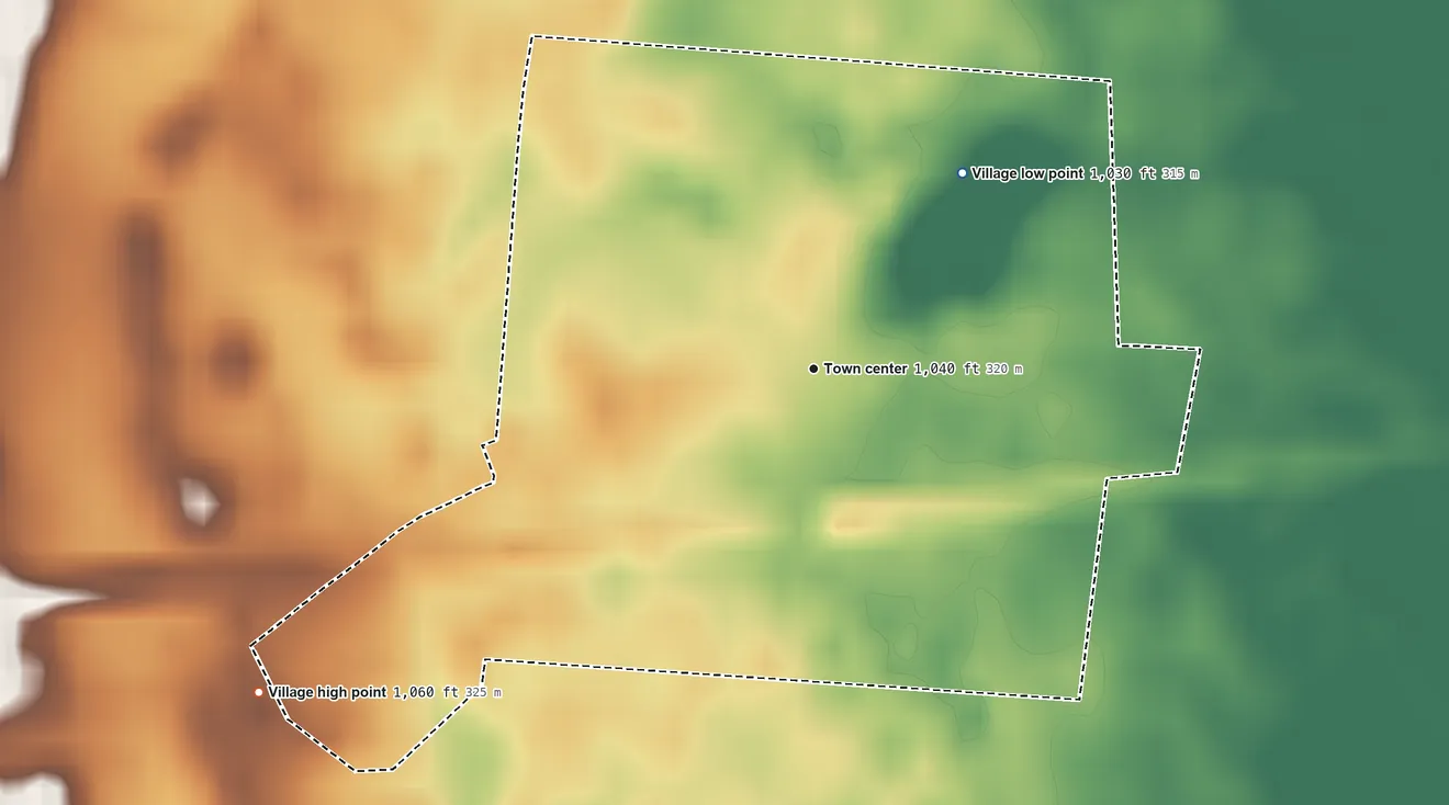 Topographic elevation map of Woodstock, Ohio, shaded from 1,030 ft on the northeast side to 1,060 ft on the southwest side