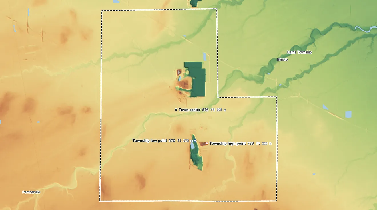 Topographic elevation map of Woodville Township, Ohio, shaded from 570 ft on the southeast side to 730 ft on the southeast side