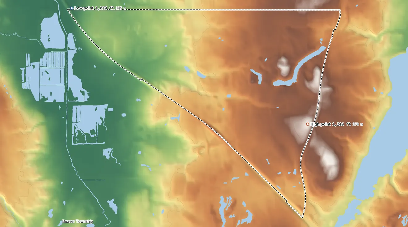 Topographic elevation map of Woodworth, Ohio, shaded from 1,010 ft on the west side to 1,210 ft on the southeast side