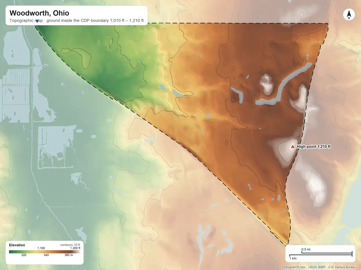 Topographic elevation map of Woodworth, Ohio, shaded from 1,010 ft on the west side to 1,210 ft on the southeast side