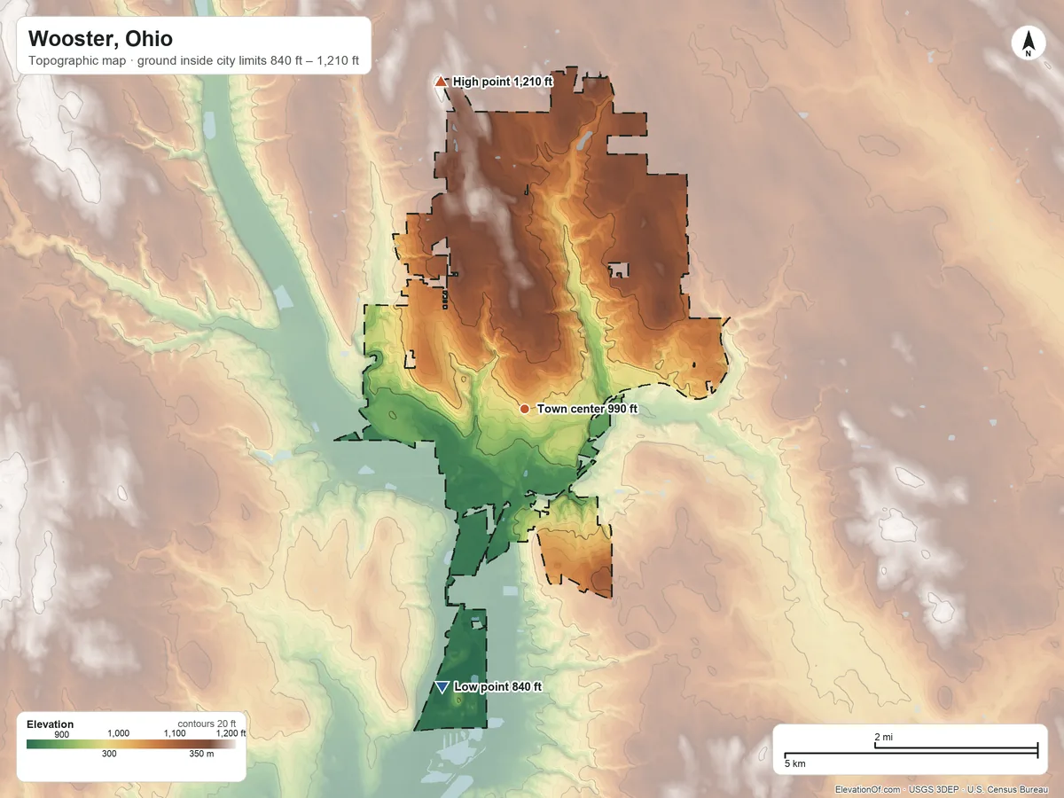 Topographic elevation map of Wooster, Ohio, shaded from 840 ft on the south side to 1,210 ft on the north side
