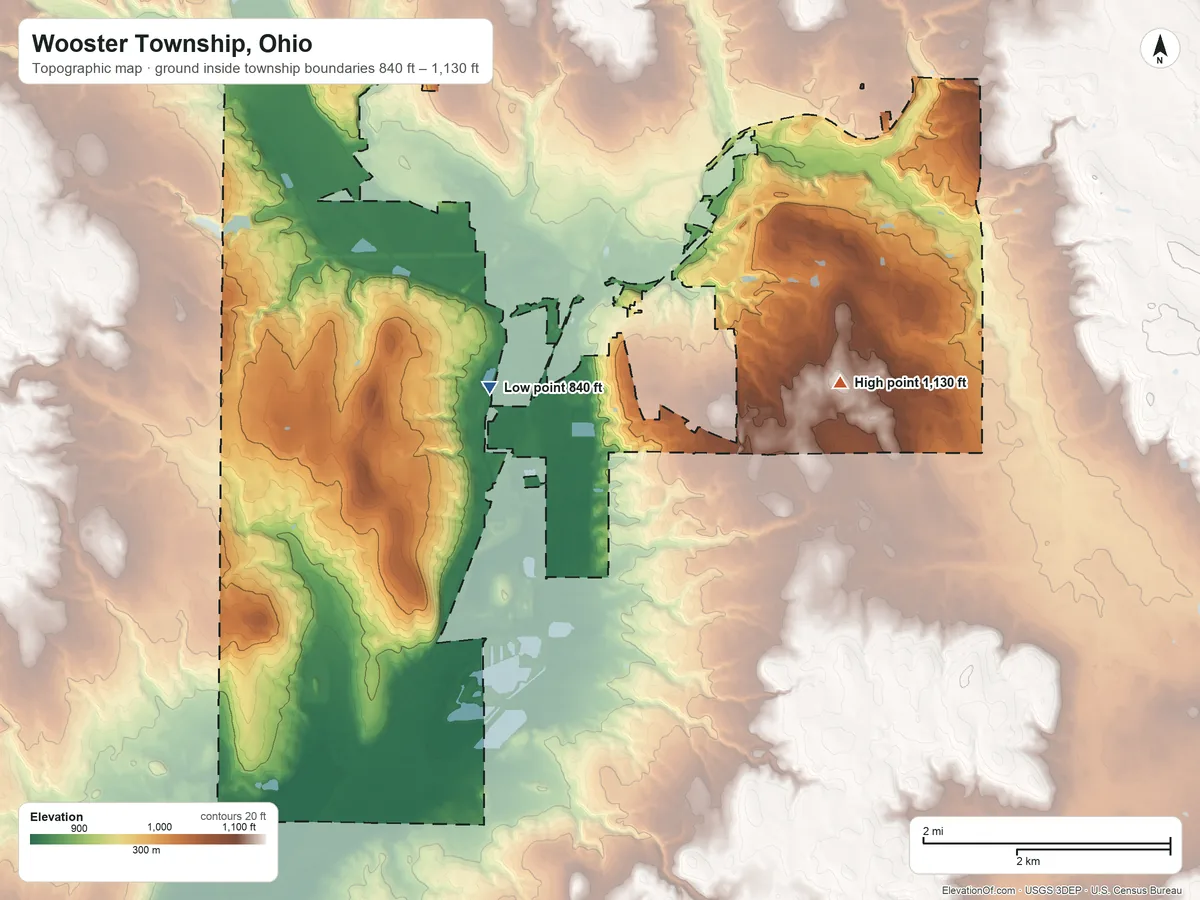 Topographic elevation map of Wooster Township, Ohio, shaded from 840 ft near the middle to 1,130 ft on the east side
