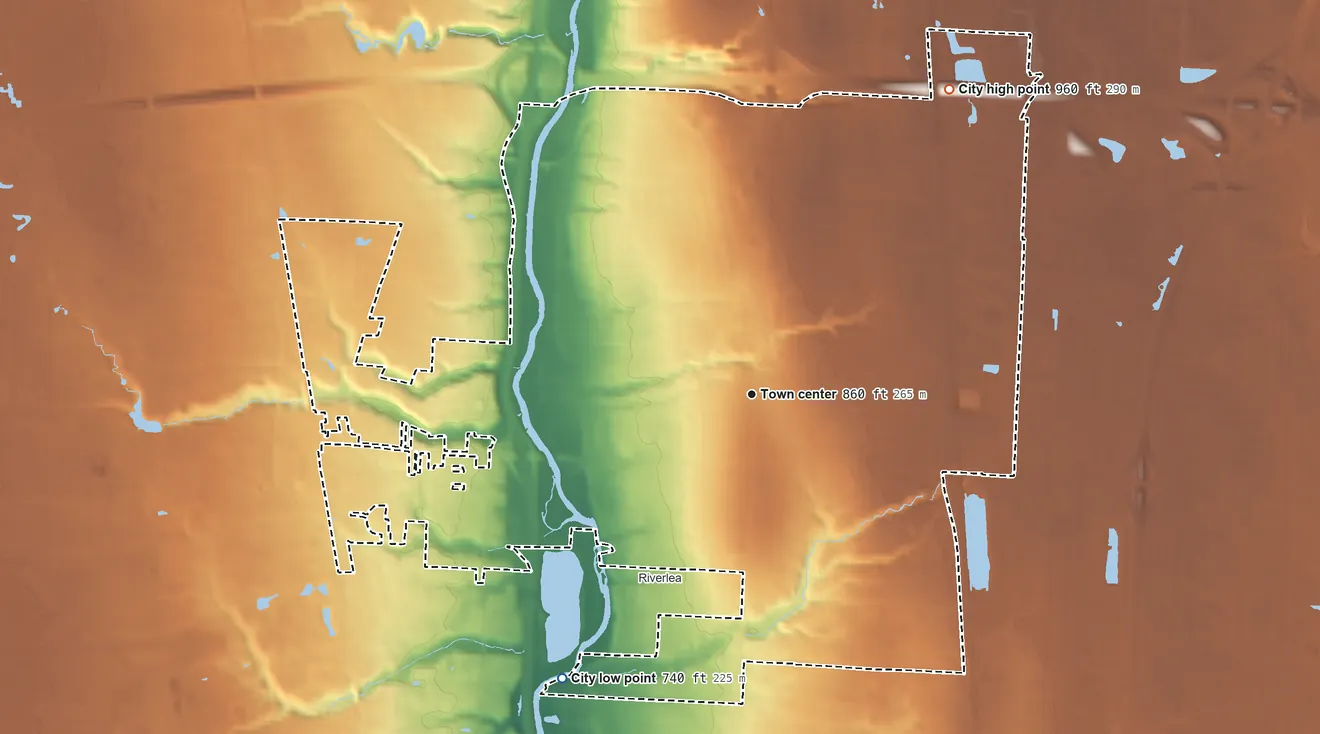 Topographic elevation map of Worthington, Ohio, shaded from 740 ft on the southwest side to 960 ft on the northeast side