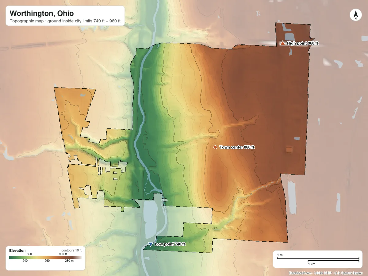 Topographic elevation map of Worthington, Ohio, shaded from 740 ft on the southwest side to 960 ft on the northeast side