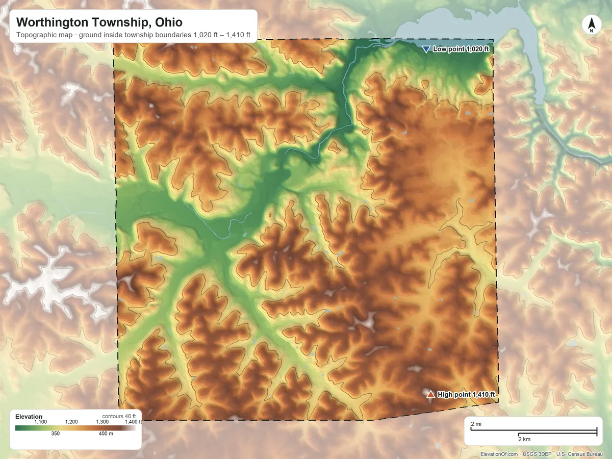Topographic elevation map of Worthington Township, Ohio, shaded from 1,020 ft on the northeast side to 1,410 ft on the southeast side