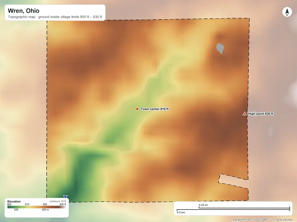 Topographic elevation map of Wren, Ohio, shaded from 800 ft on the southwest side to 830 ft on the east side