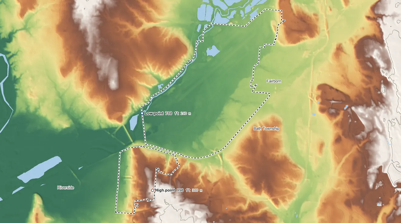 Topographic elevation map of Wright-Patterson AFB, Ohio, shaded from 780 ft on the west side to 990 ft on the southwest side