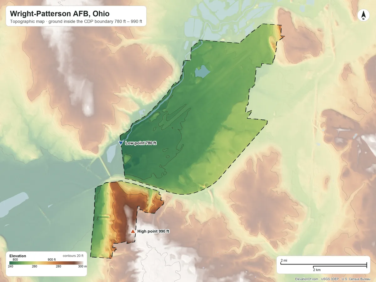 Topographic elevation map of Wright-Patterson AFB, Ohio, shaded from 780 ft on the west side to 990 ft on the southwest side