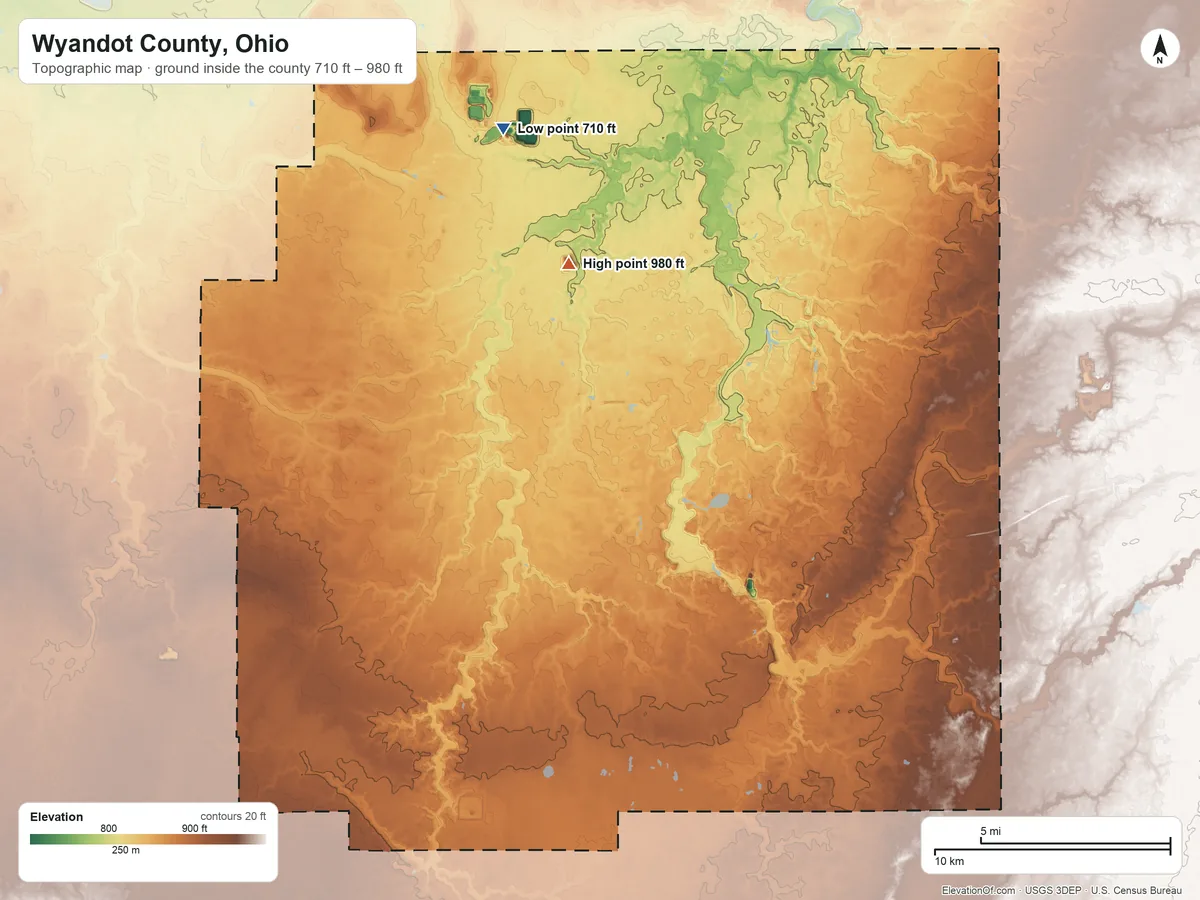 Topographic elevation map of Wyandot County, Ohio, shaded from 710 ft on the north side to 980 ft on the north side