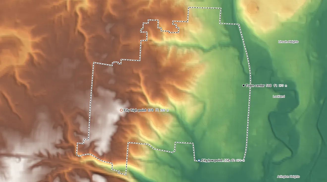 Topographic elevation map of Wyoming, Ohio, shaded from 550 ft on the southwest side to 870 ft on the west side