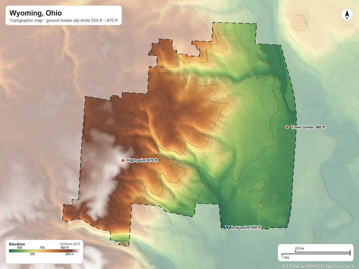 Topographic elevation map of Wyoming, Ohio, shaded from 550 ft on the southwest side to 870 ft on the west side