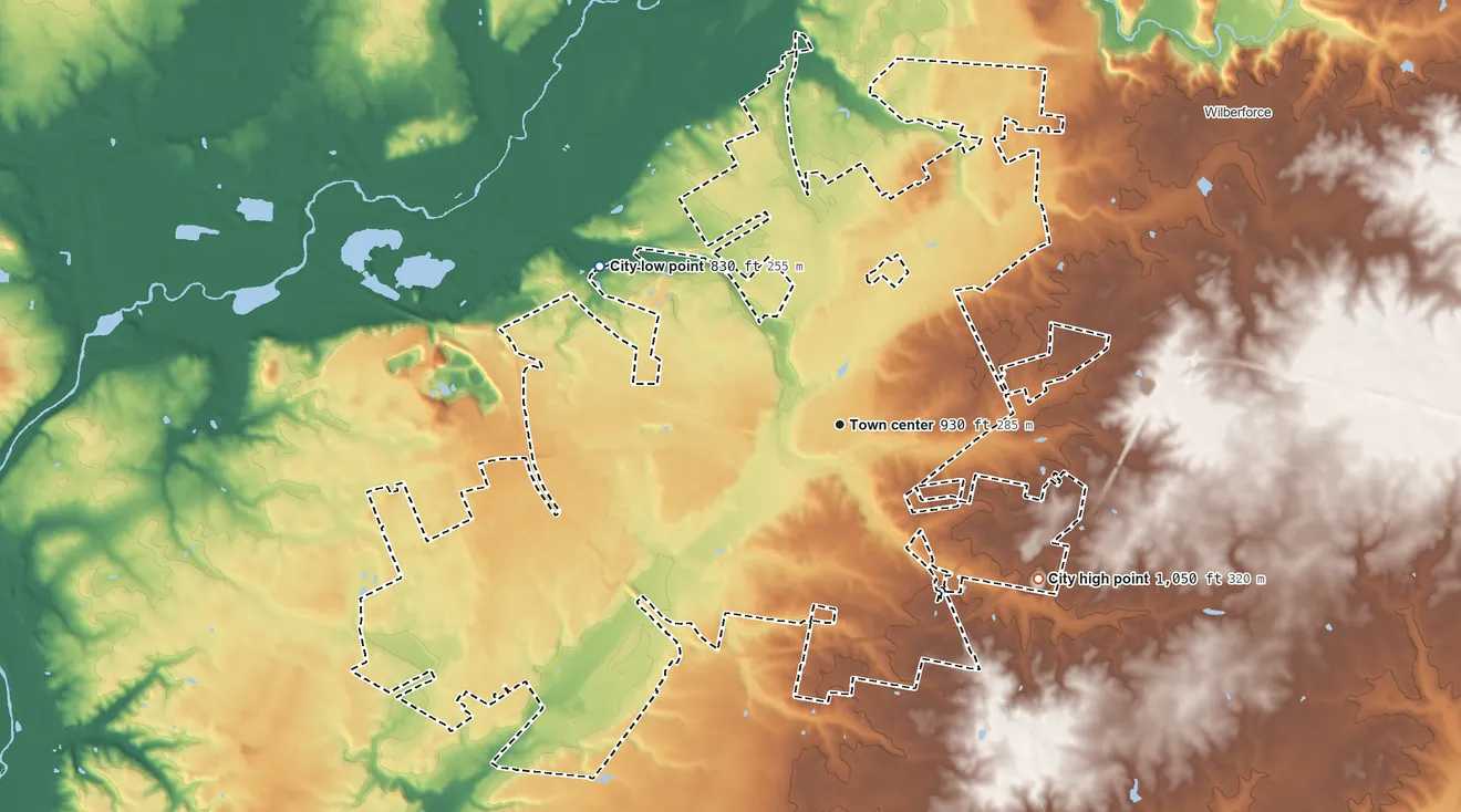 Topographic elevation map of Xenia, Ohio, shaded from 830 ft on the northwest side to 1,050 ft on the southeast side