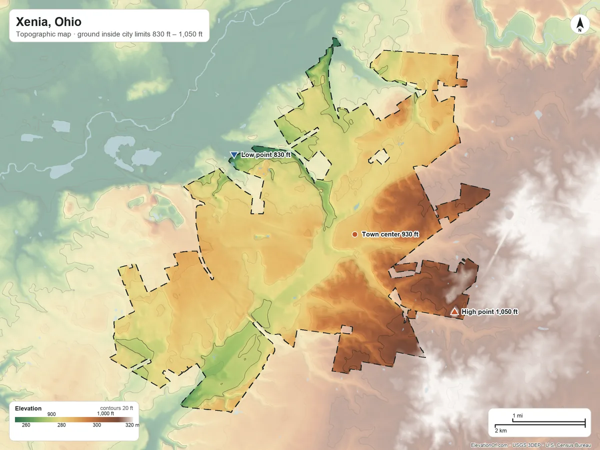 Topographic elevation map of Xenia, Ohio, shaded from 830 ft on the northwest side to 1,050 ft on the southeast side