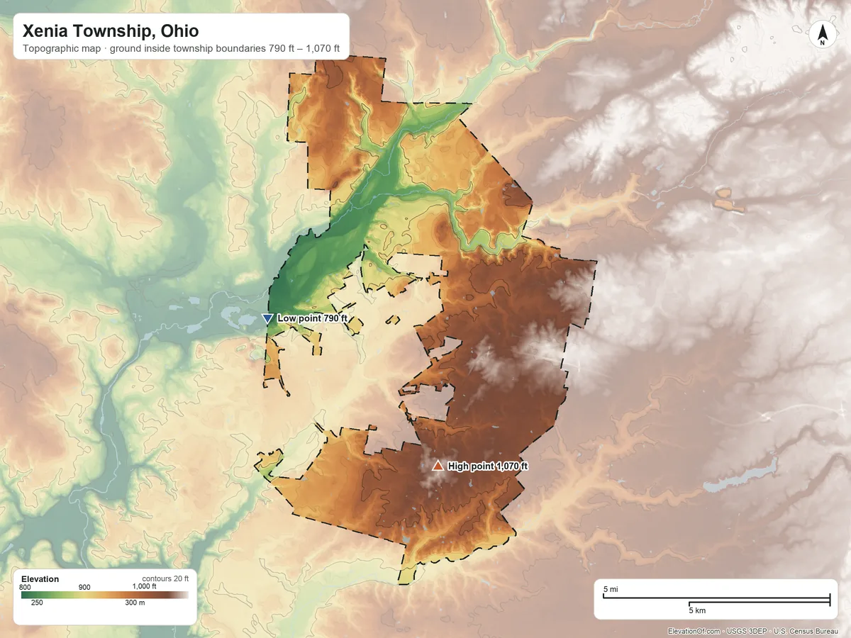 Topographic elevation map of Xenia Township, Ohio, shaded from 790 ft on the west side to 1,070 ft on the south side