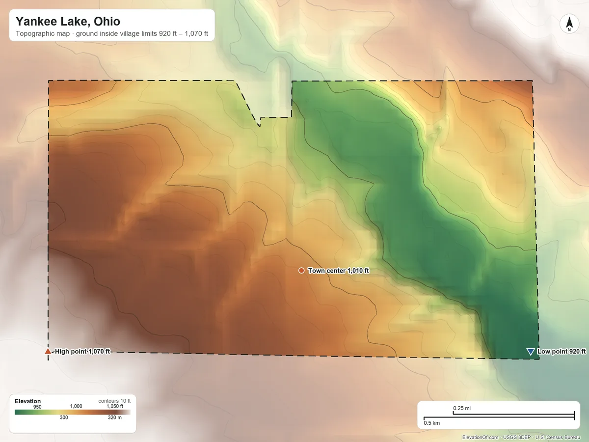 Topographic elevation map of Yankee Lake, Ohio, shaded from 920 ft on the east side to 1,070 ft on the west side