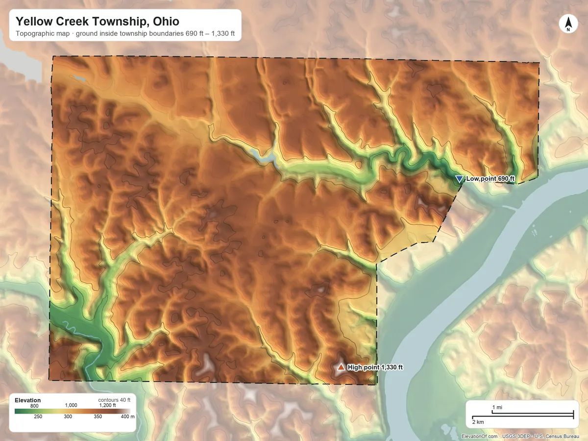 Topographic elevation map of Yellow Creek Township, Ohio, shaded from 690 ft on the east side to 1,330 ft on the south side