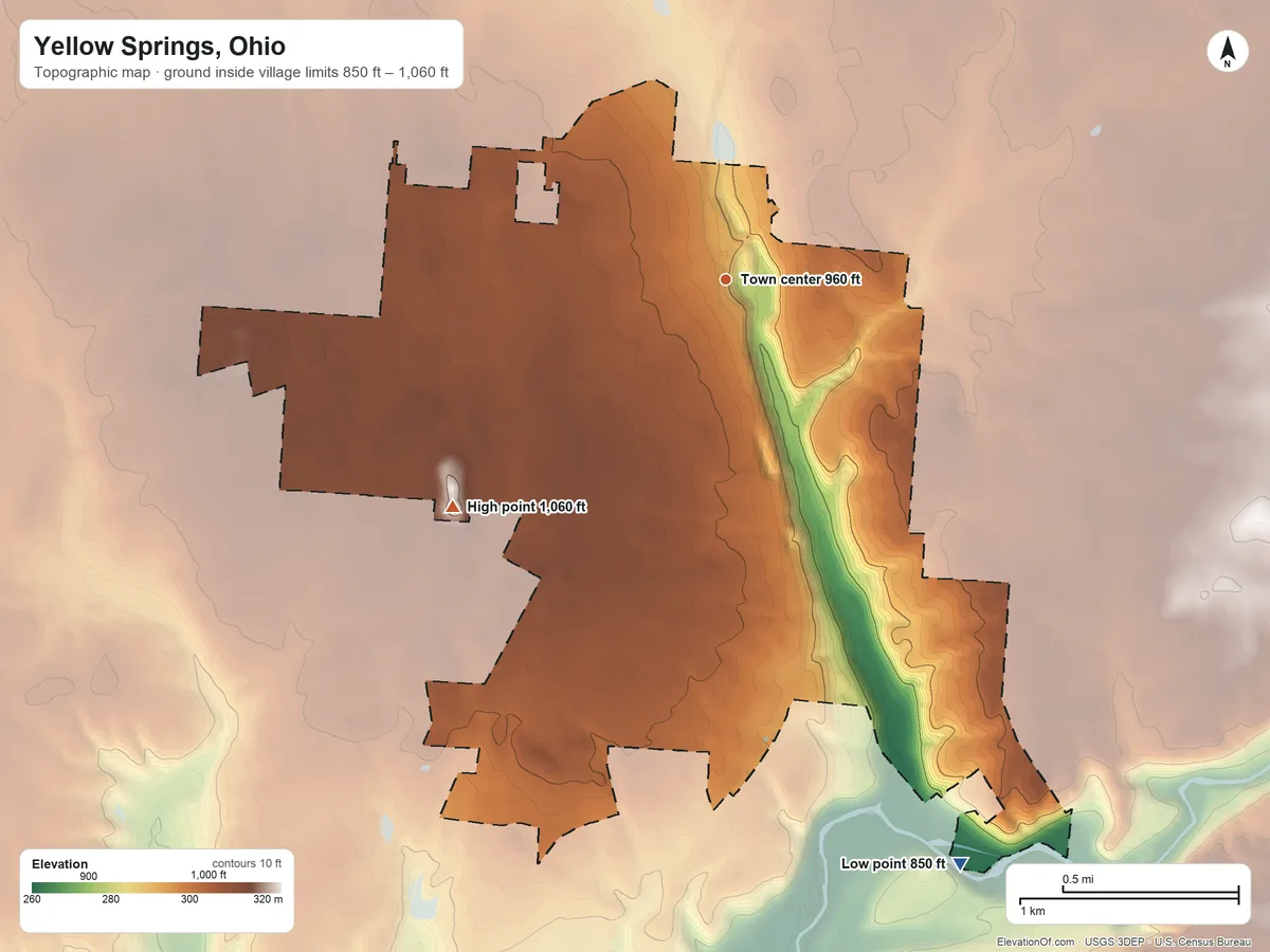 Topographic elevation map of Yellow Springs, Ohio, shaded from 850 ft on the south side to 1,060 ft on the southwest side