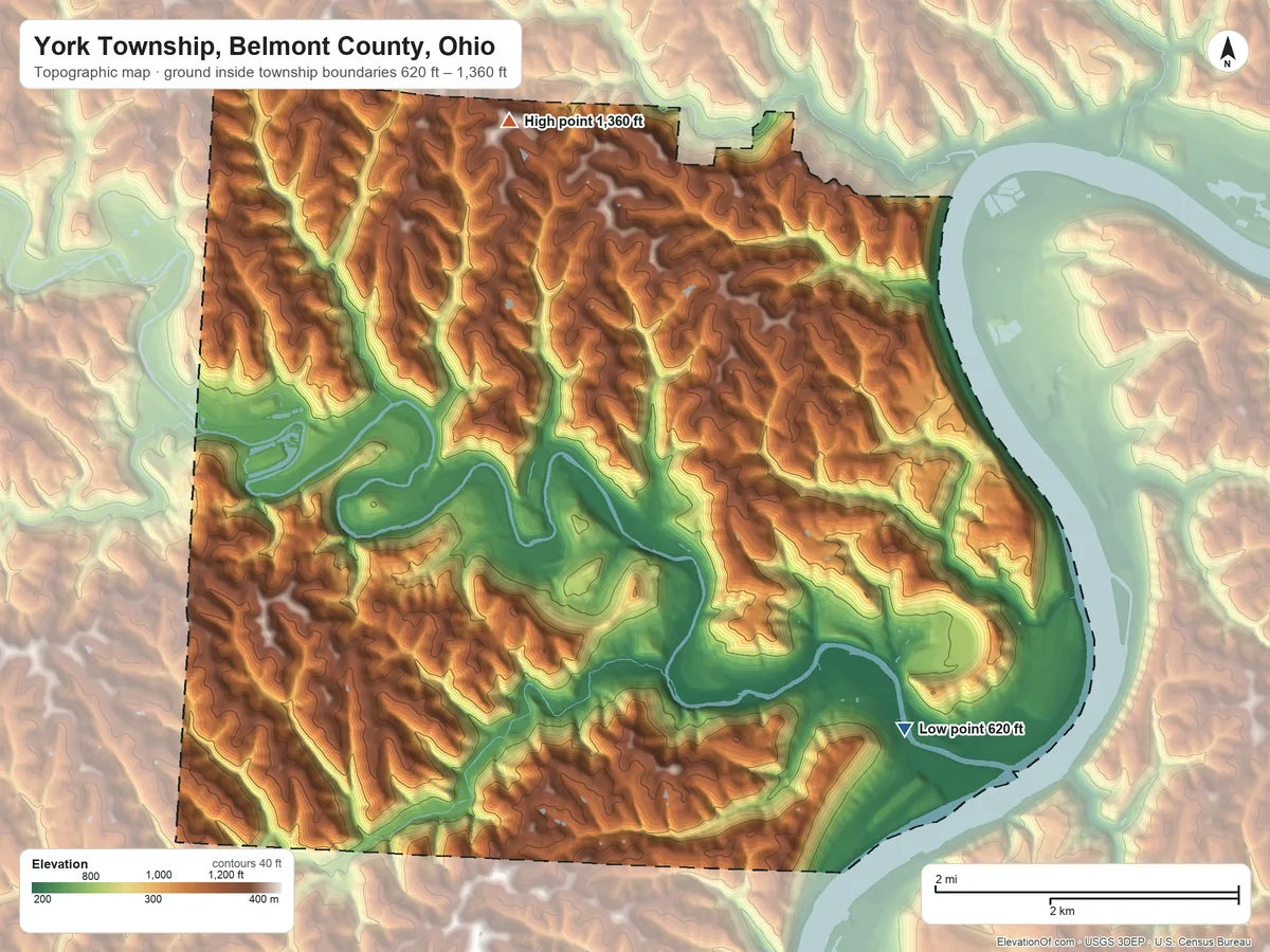 Topographic elevation map of York Township, Belmont County, Ohio, shaded from 620 ft near the middle to 1,360 ft on the northwest side